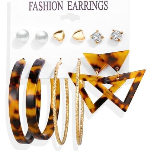 Women‘s Earrings Alloy Creative Stylish Retro Minimalism Leopard Big Round Circle Geometric Six-Piece Packed Earrings Set Trendy