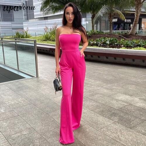 Free Shipping 2021 New Women Rose Red Strapless Jumpsuits Sexy Sleeveless & Long Pants Fashion Party Outwear Runway Jumpsuits