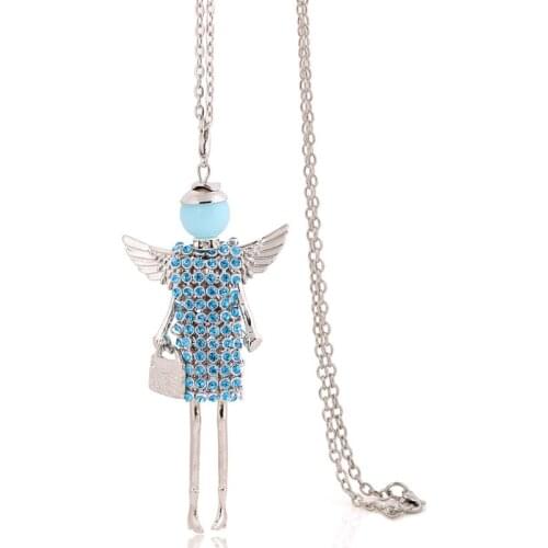 New big fashion women necklace long chain crystal accessories statement blue angel wings rhinestone pendants choker gifts