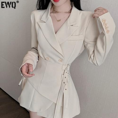 [EWQ] Korea Chic Autumn Simple New Trendy Women Lapel Tie Wide Loose Fashion Office Apricot Long-sleeved Suit Dress 2021 16E1927