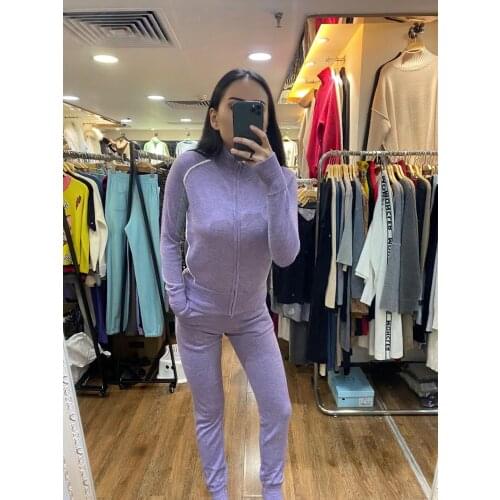 2020 Turtleneck Cashmere Wool Mink Collar Closing Zipper Cardigan Hit Color Repair Fashion Casual Two-piece Suit Pants Feet