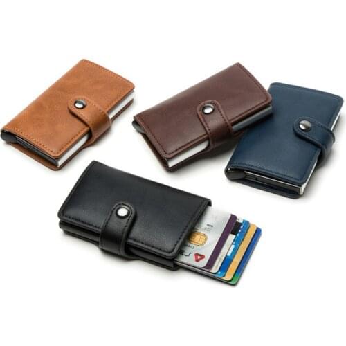 BISI GORO Slim Casual Card Holder Hasp Protector Smart PU Leather Card Case Metal RFID Aluminum Box Men and Women ID Holder 2021