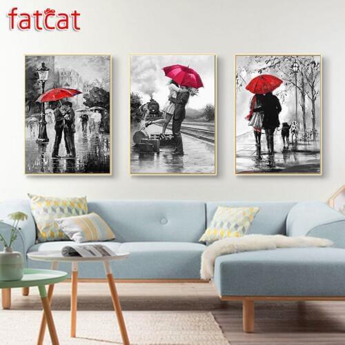 FATCAT 3 pcs diy diamond rhinestone painting red umbrella couple full square round diamond embroidery mosaic portrait love AE225