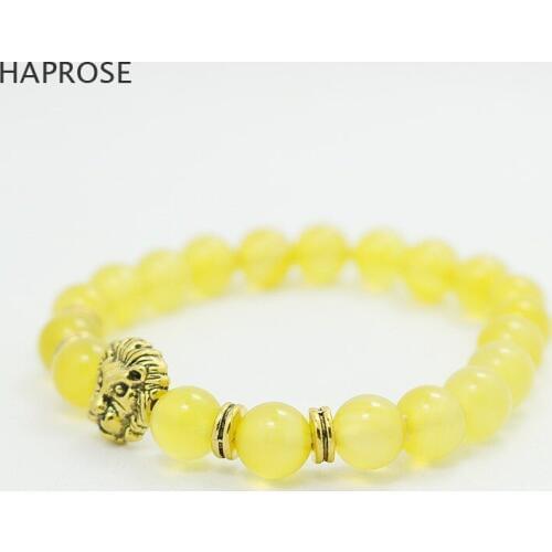 HAPROSE Agate bracelet Natural Yellow black Agates Beads 8mm Creative Jewellery Bracelet Gem Lion head bracelet Free shipping