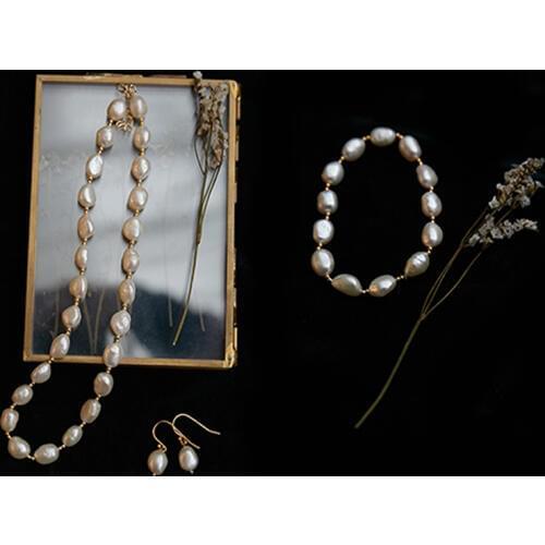 Original Simple Delicate Freshwater Pearl Jewelry Set White Shinny Beaded Real Pearl Necklace Bracelet Earring Set for Party