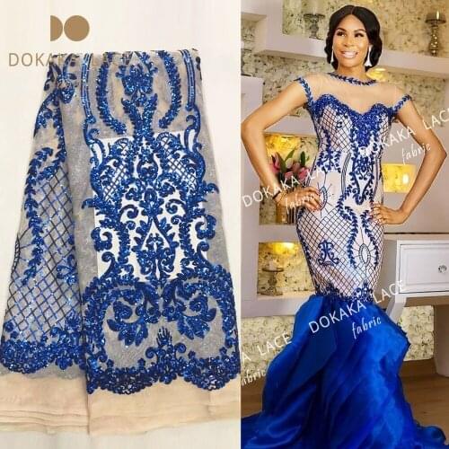 Royal Blue Sequins Net Lace Fabrics African French Mesh Lace Embroidered Sequined Tulle Fabrics For Women Evening Dress Laces