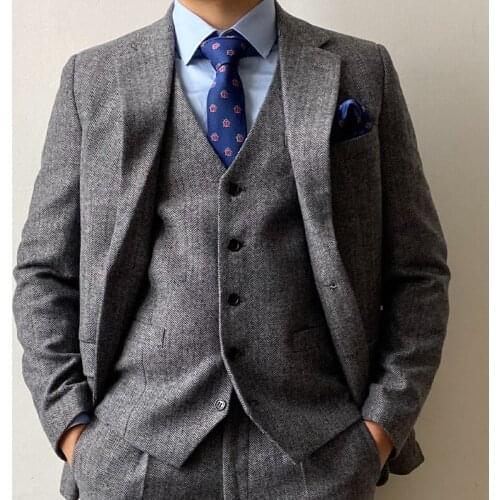 RICODESIGN mens slim fit formal business suit set 3 pieces gray tweed jacket pants vest fashion winter tailored suit
