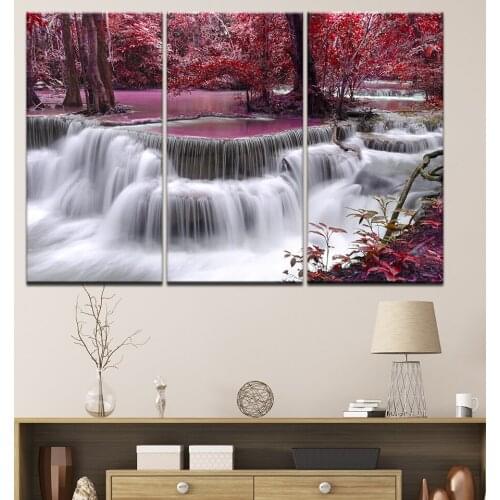 Red Maple Tree Forest Waterfall Natural Landscape Canvas Paintings Wall Art For Living Room Home Decor Poster HD Prints Pictures