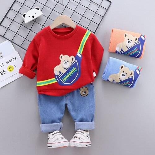 Fashion baby boy suit new 2021 spring long sleeve Cartoon Bear T-shirt 1,2,3,4-year-old two-piece suit comfortable size long sle