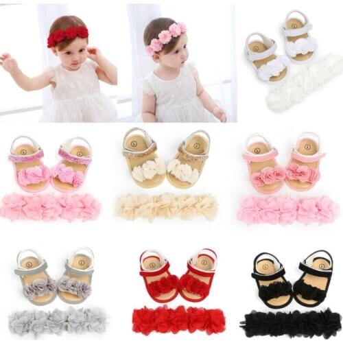 Brand-new Baby Summer Clothing Newborn Kid Baby Girl Flower Sandals Shoes Soft Sole Hook Casual Summer Shoes+Headband Solid Set