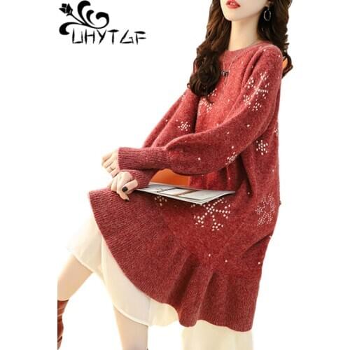 UHYTGF Women Sweater Dress Fashion Splicing Pullover Elegant Female Knitted Bottoming Skirt Long Sleeve Lace Casual Clothes 1889