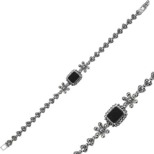 Silver 925 Sterling Marcasite & Natural Stone Bracelet