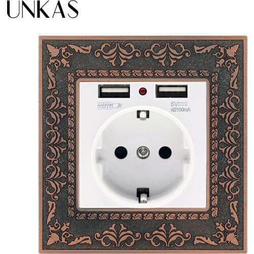 UNKAS Zinc Alloy Embossed Panel High End Retro Panel 16A White EU Standard Power Wall Socket With Dual USB Charging Port