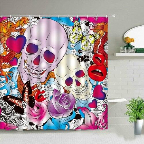 Bohemian style, weird skull, flowers, psychedelic, shower curtain, bathroom personality, home decoration