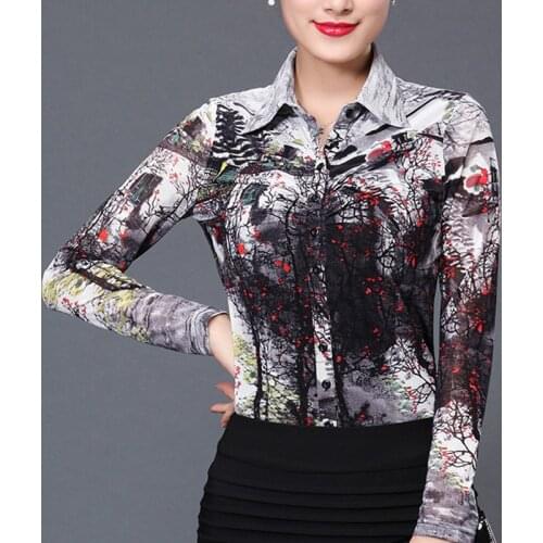 Spring Autumn Women Painted Full Sleeve Mesh Stretch Blouse Shirt , Casual Female Woman Slim Printed 3XL XXL Blouses Shirts