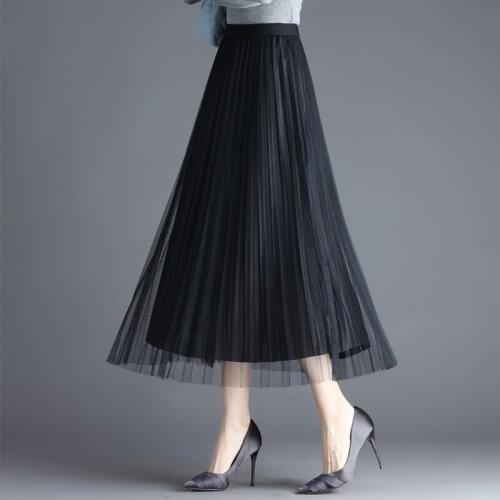 Reversible Mesh Midi Skirts Half-length Female 2021 Spring & Summer High Waist Mid-length A-line Black Mesh Pleated Skirt BSQ461
