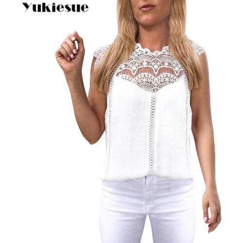 2019 Women Blouse Sexy Sleeveless Lace Shirt OL Office lace Ladies Shirt Hollow Out Party Tops Camisas White Blouse Plus Size