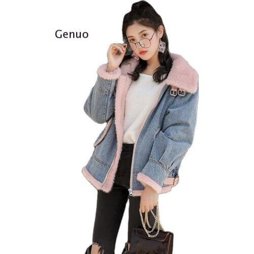 Womens Winter Lamp Wool Liner Faux Fur Coat with Jeans Denim Jacket Turn Dowm Collar Outerwear Coats Basic Jackets Women Cowboy