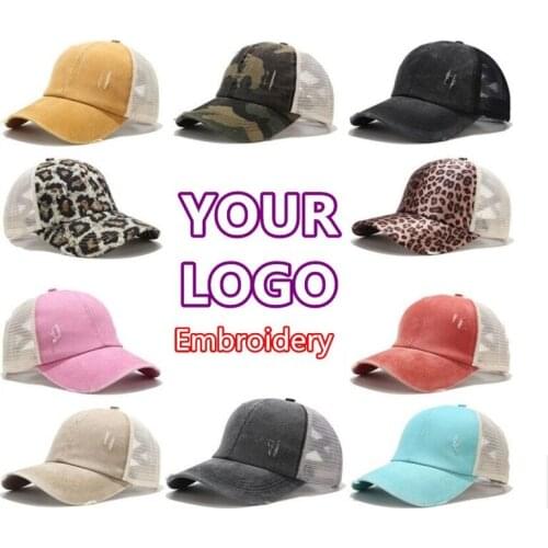 Women 100% cotton custom logo DIY embroidery baseball caps Ladies leopard print adjustable Ripped snapback trucker hats Gorros