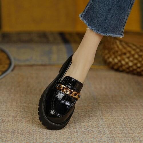 MORDOAN 2021 Autumn Genuine Cow Leather Loafers For Women Shoes Patent Leather Platform Shoes Round Toe Chain Oxford Shoes