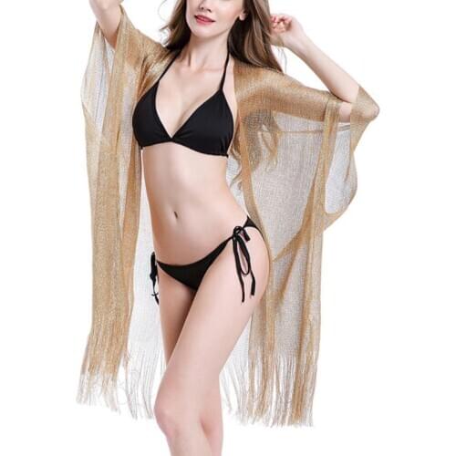 Womens Womens Summer Metallic Glitter Solid Color Swimsuit Cover Up Long Tassels Asymmetric Hem Kimono Cardigan Sheer Knitted