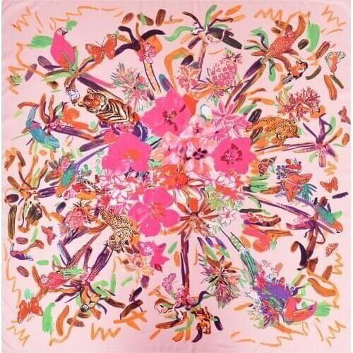POBING 130CM*130CM Silk Scarf Women Large Shawls Luxury Floral Birds Graffiti Square Scarves Echarpes Foulards Femme Neckerchief