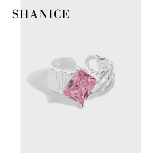 SHANICE S925 sterling silver open ring Square Pink Crystal Topaz Resizeable Rings for Women with Micro CZ Open Ring Fine Jewelry