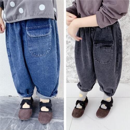 2020 Autumn Toddler Girls Jeans Korean Fashion Solid Pocket Loose Denim Trousers Foy Girl Children Baby Kids High Quality Pants