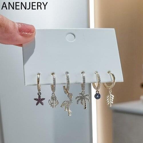 ANENJERY 6 pieces/set 925 Sterling Silver Star Bird Tree Leaf Blue Eye Hoop Earrings Set for Women Micro Zircon Party Jewelry