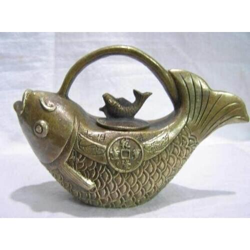 Decoration bronze factory Pure Brass Antique 4 inch / Exquisite ancient manual sculpture brass business carp auspicious teapot