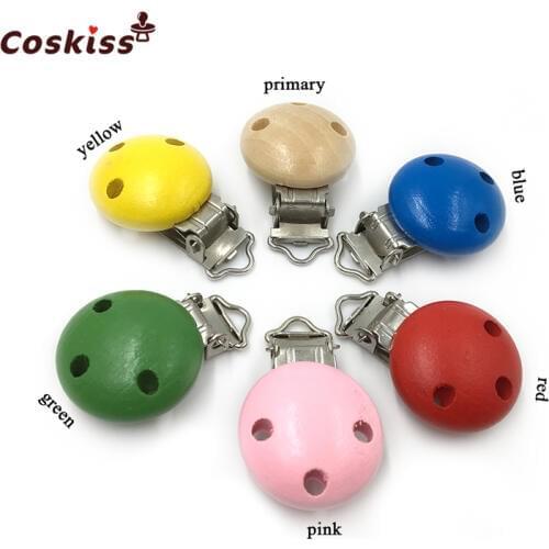 Wood Natural Baby Pacifier Clip Charm Antique Wooden Clip Selectable Silicone Teething Beads Suspender Clip Round and Flat