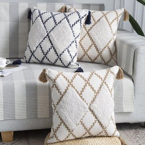 Cotton Woven cushion cover 45x45cm Moroccan Style pillow cover Navy Khaqi Diamond Tufted Tassles for Home decoration Sofa Bed