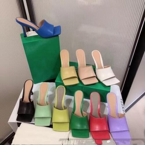 Fashion Brand Women Summer Sandals Square Toe Leather Shoes 7.5CM High Heels Pumps Shoes Slip On Mules Shoes