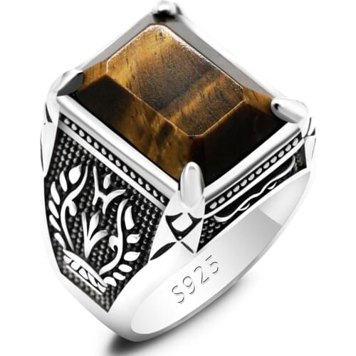 Fashion Jewelry 925 Sterling Silver Mens Ring Inlaid Tiger Eye Stone Hunk Ring Hot Mens Gift Motorcycle Ring