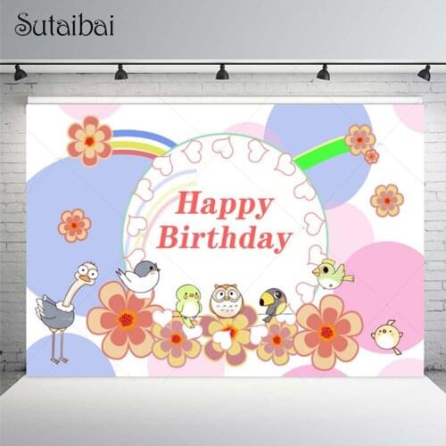 Cartoon Animal Happy Birthday Party Backdrop Banner Owl Bird Flowers Decorations Custom Studio Photo Photography Backgrounds
