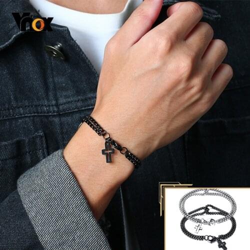 Vnox Simple Layered 3mm Rolo Chain Bracelets for Men,Round Box Link With Cross Charm Wristband,Christ Prayer Vintage Casual Gift