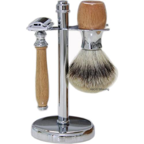 Beech Wood and Metal Shaving Set Stand Silvertip Badger Brush Stainless Safety Razor Holder DE Blade