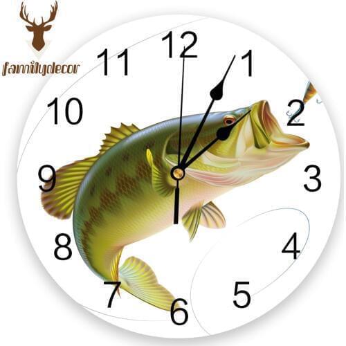 Fishing Bait Color Leaping Green Dynamic Printed PVC Wall Clock Modern Design Home Decor Bedroom Silent O'clock For Living Room