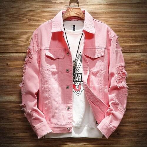 New Fashion Brand Denim Jacket Men Ripped Holes Mens Pink Jean Jackets Garment Washed Mens Denim Coat