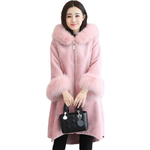 New Fur Coat Women Winter Sheep Shearing Fur Pink Coat Natural Fox Fur Hood Thick Warm Jacket Female Windbreaker wool Jacket