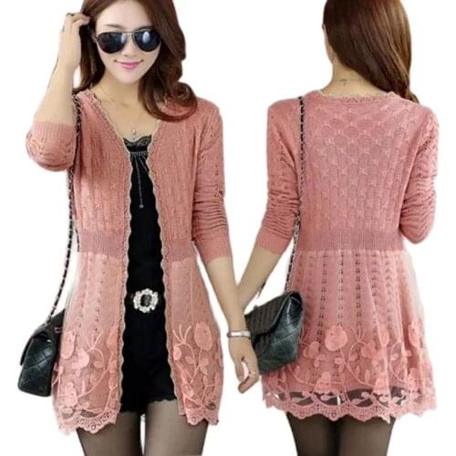 2021Spring Autumn New Knitting Coat Female Attire Solid Color Lace Mid Long Hollow Out Sweater Female Cardigan Thin Outerwear