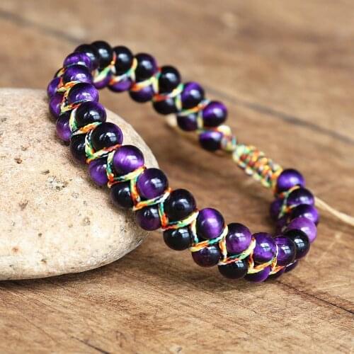 New 6mm Purple Tiger Eye Stone Beads Braided Bracelet Women Men Friendship Strand Charm Bracelet DIY Handmade Jewelry