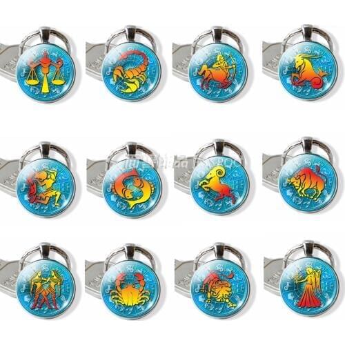 Birthday Gift 12 Zodiac Sign Glass Dome Jewelry Keychain Virgo Libra Scorpio Cancer Leo Constellation Pendant Key Chain Ring