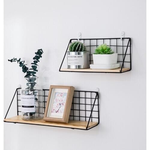 Hanging Storage Basket Black Iron Mesh Wood Board Storage Rack Wall Hang Decoration Sundries Holder For Kitchen Household Modern