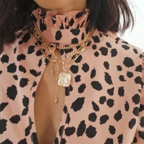 Casual Gold Colro Plating Engraved Textured Square Pendant Layered Necklace For Women Bohemia Elegant Jewelry Accessory