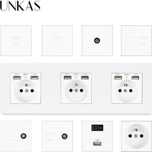 UNKAS 3 Gang French Socket Dual USB + HDMI-Compatible Port USB 3.0 Jack TV RJ11 Telephone RJ45 Internet PC Plastic Panel Outlet