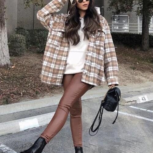 TRAF Za Women Shirt Plaid Long Sleeve Female Oversize Shirts 2021 Casual Loose Cotton Top Vintage Blouses And Tops Femme Blusas