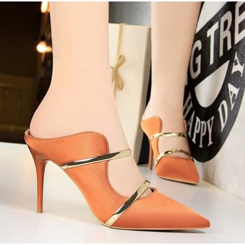 Sexy women Sandals Fine with High heel Satin Shallow mouth Pointed Hollow metal Word Band slippers shoes woman BIGTREE