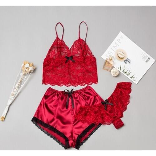 Silk Sexy Lace Three-Piece Pajamas Pyjama Bottoms Three-Point Lace Leisure Tops