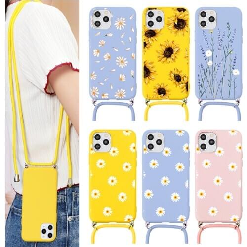 Daisy Flower Silicon Case For iPhone 12 mini 11 Pro XR XS Max X 7 8 Plus 6 6s 5 SE 2020 Crossbody Necklace Cord Lanyards Cover